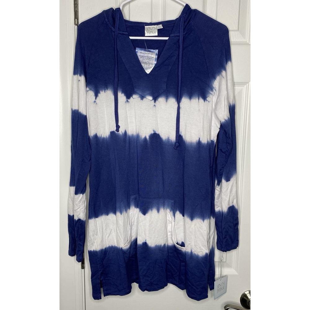 Beach Break Women's Relaxed Long Hooded‎ Sweatshirt Blue White Size Large New